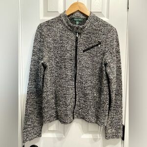 Lauren Ralph Lauren Full Zip Women’s Jacket Tweed Moto Zip Pocket Large Gray
